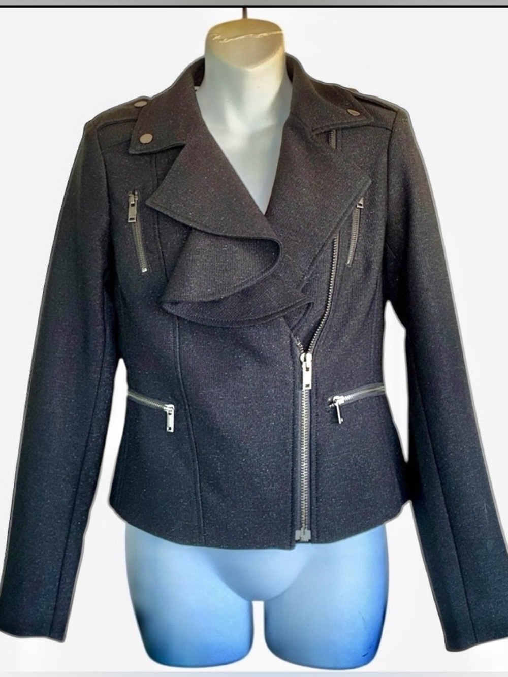 Banana Republic Biker Jacket, Women's 2, Black Ruffled Zip-Front, Sparkley. EUC